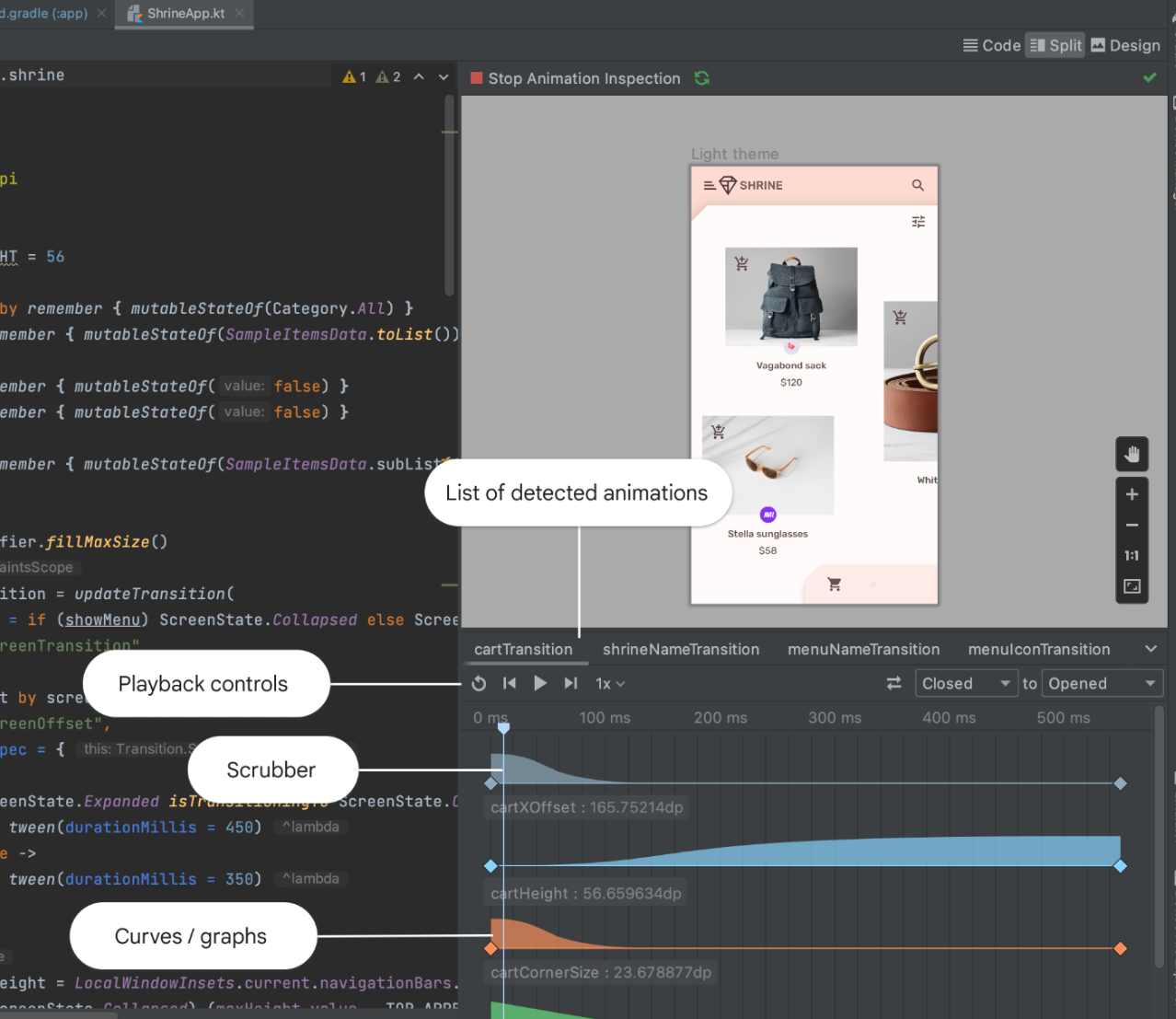 The Animation Preview panel in Android Studio, showing a timeline of animations and their properties.