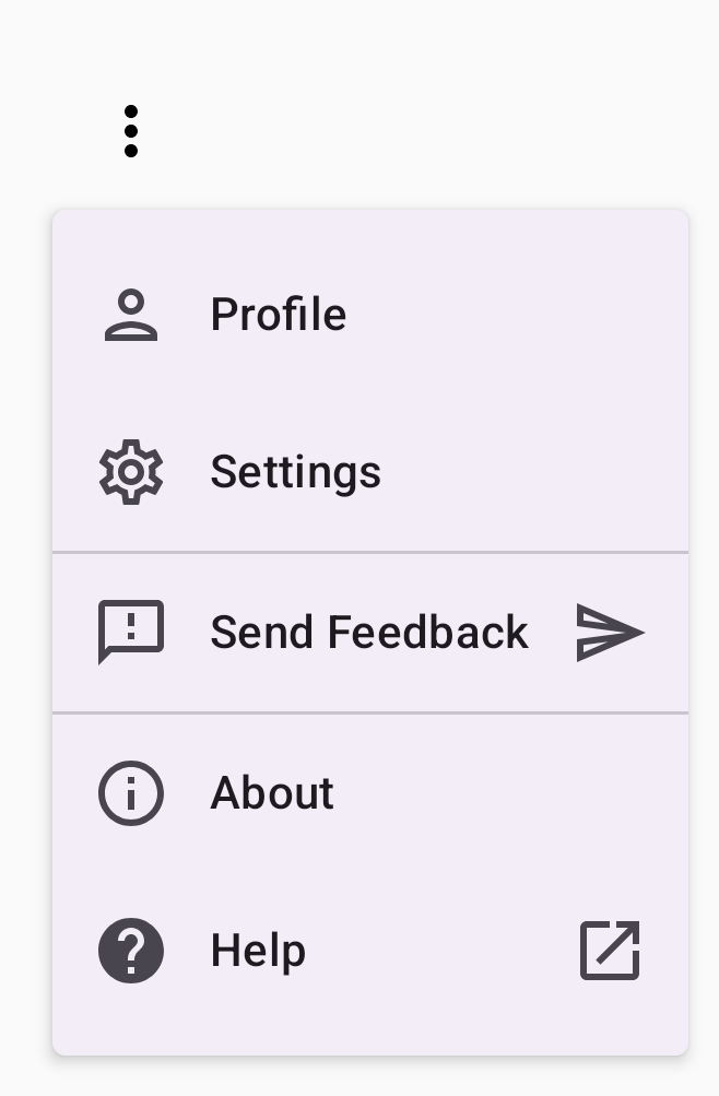 A dropdown menu with sections for Profile, Settings, Send Feedback, About, and Help. Each option has an icon, such as a person icon for Profile.