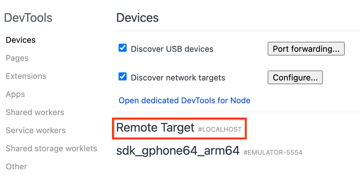 Chrome DevTools inspect page showing remote targets available for debugging