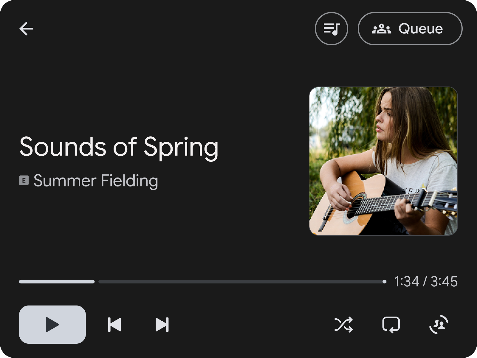 A music player shows Sounds of Spring by Summer Fielding with an
     square portrait of a woman playing guitar.